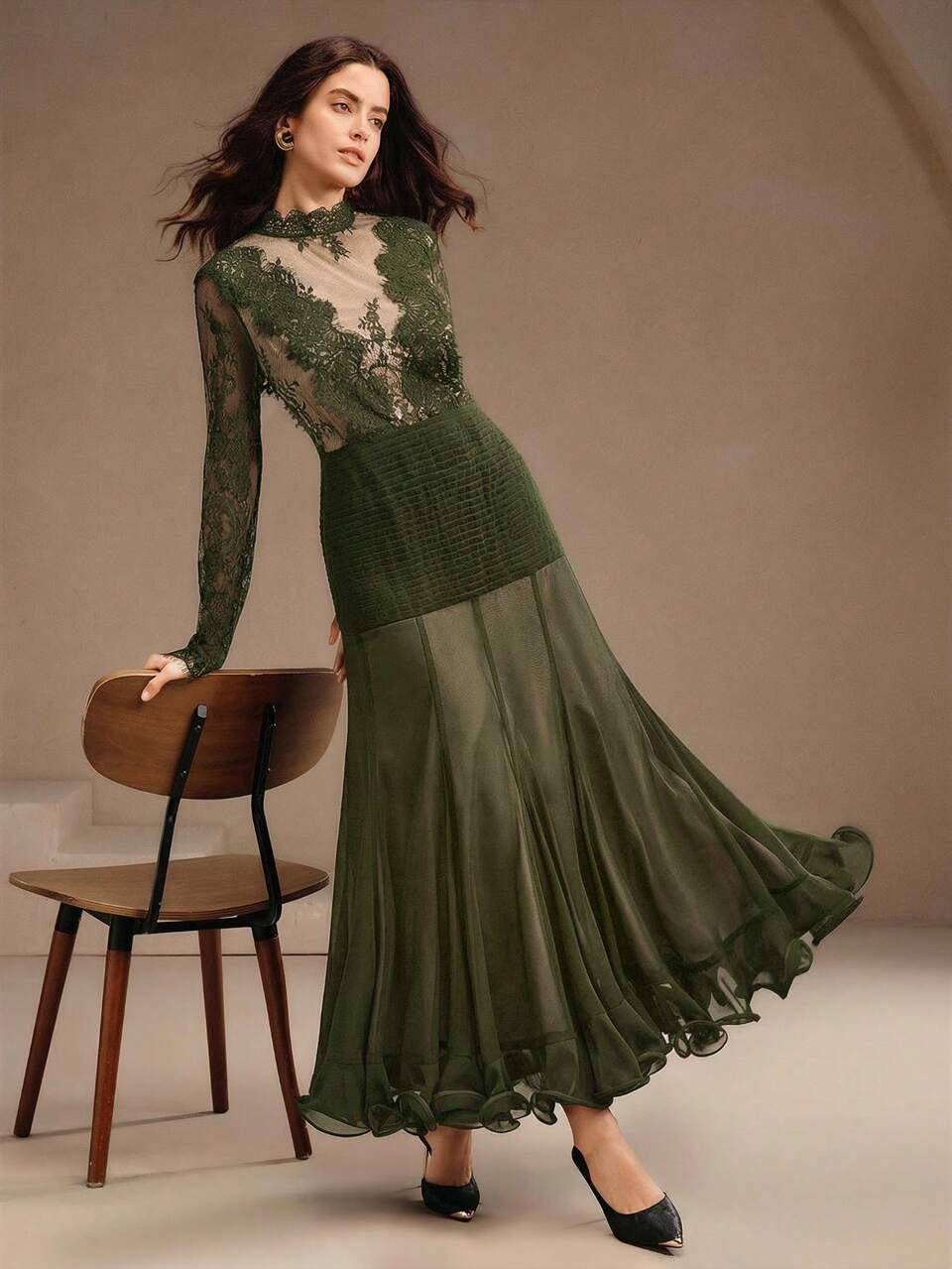 Anewsta Women's Elegant Romantic Lace Long Sleeve Fitted Patchwork Ruffle Hem Dress