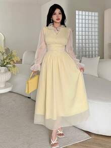 Feyla Women's Elegant Office Wear Long Dress - Pale Yellow - View 4