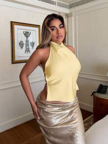 Maria Perezxox Apricot Color Backless Draped Neck Women's Tank Top, Sexy & Elegant Camisole For Spring/Summer - Yellow - View 3