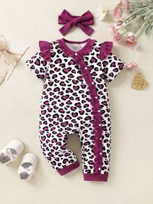 SHEIN 2件套婴儿男女通用婴儿幼儿新生儿0-3岁情人节爱心图案荷叶边装饰按扣连体衣和红色发带套装，春夏款，适合新年、情人节、生日派对、节日、拍照、新生儿连体衣、男女通用连体衣 - 紫羅蘭色 - 查看 8