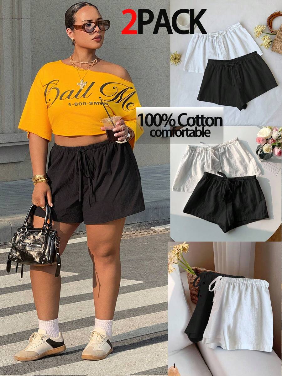 SHEIN EZwear 2Pack Women's Plus Size Solid Minimalist Cotton Shorts,Black And White Summer Smart Casual Everyday Elastic Waist Lounge Shorts Beach Vacation - Black and White - View 1