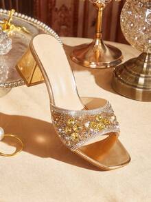 CUCCOO TILAWA Women's Fashion Crystal Glass Rhinestone Embellished High-Heeled Sandals, Suitable For Outdoor Activities And Parties, Spring And Summer Shoes, Spring Break Easter Dance Heels Summer Shoes - Champagne - View 3