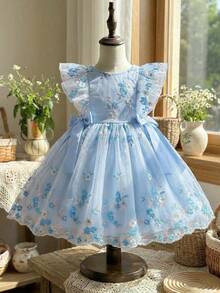 LMoss Kids Đầm voan hoa xếp tầng cho bé gái - Màu xanh nhạt - Xem 5