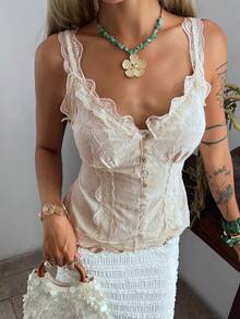 Women's Floral Contrast Lace Trim Camisole, Elegant Waist Cinched Vacation Summer Top - Apricot - View 5