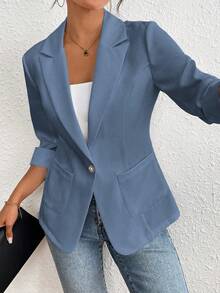 Franclia Áo blazer đơn sắc tối giản, thích hợp mặc thường ngày và đi làm, mùa xuân/hè. - Màu xanh bụi bặm - Xem 3