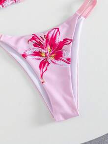 Swim Vcay Set de 2 piezas Nuevo bikini sexy y elegante con estampado de posicionamiento tipo halter, adecuado para la playa y fiestas en la piscina - Rosa - Ver 5