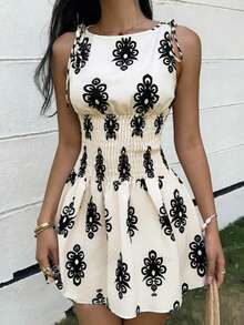 Pariaura Women's Summer New Vacation Retro Print Cinched Waist Bowknot Sleeveless Short Dress - Apricot - View 1