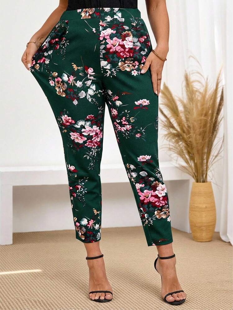 Plus Size Women Floral Print Elastic Waist Side Pocket Ankle Pants, Vacation Style, Simple And Fashion Style, Suitable For Summer,Casual Holiday Style, Casual Holiday Outfits, Summer Fashion, Women's Summer Outfits, Mother's Day Outfits, Country Concert Outfits, Women's Boho Outfits, Women's Western Outfits, Women's Holiday Outfits, Women Summer Clothing Women Plus Clothing Business Casual Woman S Summer Clothes Women Plus Clothing Formal