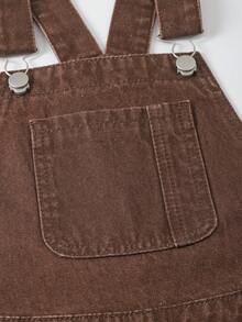 少女款柔软水洗百搭时尚舒适休闲宽松直筒牛仔裤，带侧袋、仿松紧腰带和前贴袋，棕色水洗，夏季款 - 棕色 - 查看 6