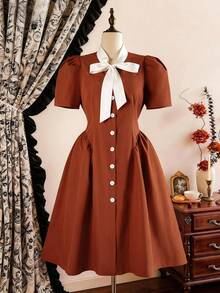 DreamSkyne Plus Size Women's Woven Regular Early Spring Elegant Retro Date Contrast Color Collar Bow Tie Petal Sleeve Brown Dress - Brown - View 1