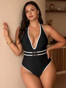 Swim Chiccia 2026 New Summer Beach Vacation Elegant Swim SXY Women Deep V-Neck Tie Faux Pearl Decor Contrast Color Casual Beach Bikini Set, Suitable For Summer Beach Vacation Plus Size One-Piece Swimsuit - Black - View 4