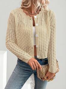 EMERY ROSE Women's Round Neck Hollow Front Button Cardigan, Autumn/Winter Knitted Sweater Jacket - Beige - View 7