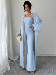 Rafferiza Women's Strapless High-End Jumpsuit With Extra Long Gold Lace Patchwork Chiffon Shawl 2 Pieces Set - Baby Blue - View 3
