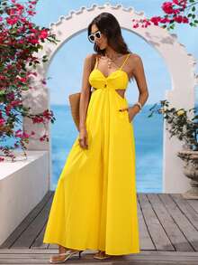 Vivid Eden Women's White Cutout Wide-Leg Jumpsuit, Summer Casual Sexy Spaghetti Strap Sweetheart Neck Waist Twist Hollow Out Holiday For Beach Golf Vacation - Yellow - View 4