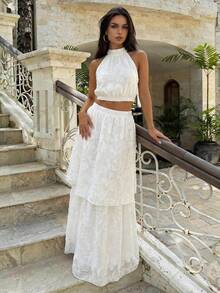 女士休闲优雅白色露肩吊带背心+双层刺绣飘逸长款中长裙，两件套波西米亚度假风套装，夏季套装，适合情人节/休闲度假/通勤穿着 - 白色 - 查看 5