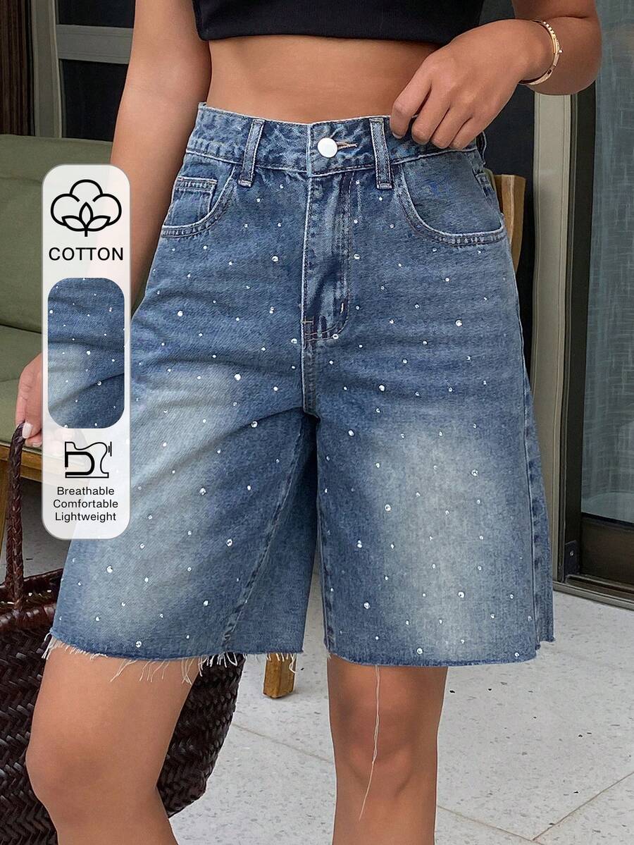 DAZY Quần short denim nữ dáng suông, cạp trung bình, rách tua rua, đính đá lấp lánh, thích hợp mặc mùa hè. - Rửa trung bình - Xem 1