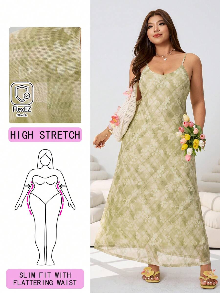 Solflare Plus Size Summer Sage Green Boho Picnic Holiday Dress,Mint Green Abstract Tie Dye Stretchy Knit Mesh Fitted Long Dress With Adjustable Straps,Casual - Multicolor - View 1