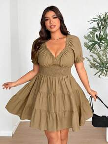 SHEIN Clasi Đầm dệt kim cỡ lớn, cổ chữ V, tay cánh hoa, xếp ly, thanh lịch. - Màu Khaki - Xem 6