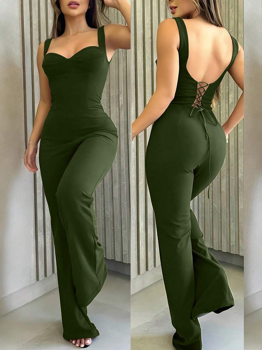 INAWLY Sexig Backless Bandage Rak Elegant Jumpsuit för kvinnor - Armé Grön - Visa 1