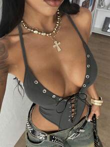 StreetHx Áo liền thân nữ màu đen gợi cảm, cổ chữ V sâu, họa tiết dây thừng trang trí, kiểu dáng tối giản, buộc dây. - Màu xám đen - Xem 1