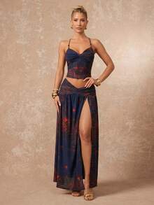 Lumalex 扎染豹纹撞色网纱串珠吊带低腰超高开衩长裙两件套（女款） - 彩色 - 查看 4