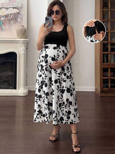 MaterniWear Vestido casual de lactancia con estampado floral sin mangas para embarazadas