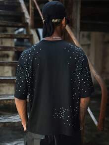 PAVTROS Camiseta casual de hombre con decoración de diamantes, verano - Negro - Ver 2