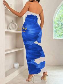 BamGleam 女士修身无肩带撞色印花优雅时尚连衣裙长款女装 - 藍色 - 查看 2
