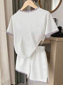 Resyla Women's Floral Trim Round Neck Short Sleeve T-Shirt And Shorts Casual 2-Piece Set - Multicolor - View 2