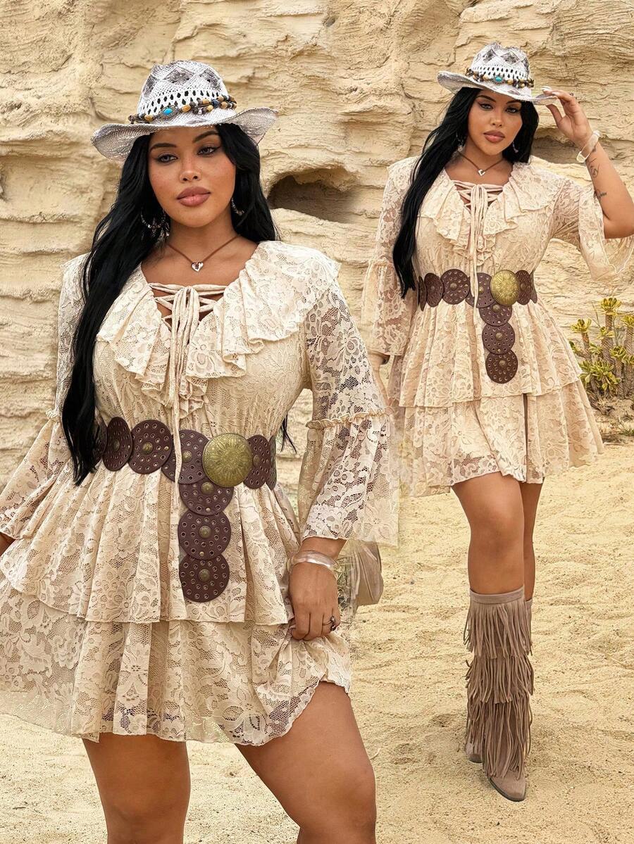 Rustia Plus Size V-Neck Cinched Waist Lace Midi Dress With Layered Sleeves - Apricot - View 1