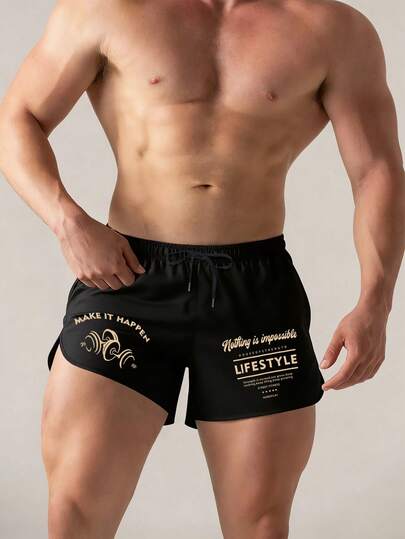 GymBeat 男士夏季标语印花抽绳腰带舒适运动短裤