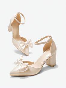 2025秋冬季时尚黑色麂皮蝴蝶结搭扣粗跟镂空尖头高跟鞋，女士优雅高跟鞋，适合婚礼等场合。 - 杏色 - 查看 4