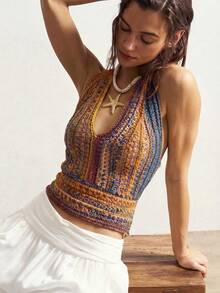 Bohemela 女士撞色露背系带性感百搭约会之夜针织上衣 - 彩色 - 查看 3