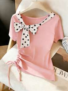 GlowEve Women's Fashion Polka Dot Bow Tie Waist Ruched Casual T-Shirt Top, Versatile For Spring And Summer - Pink - View 1