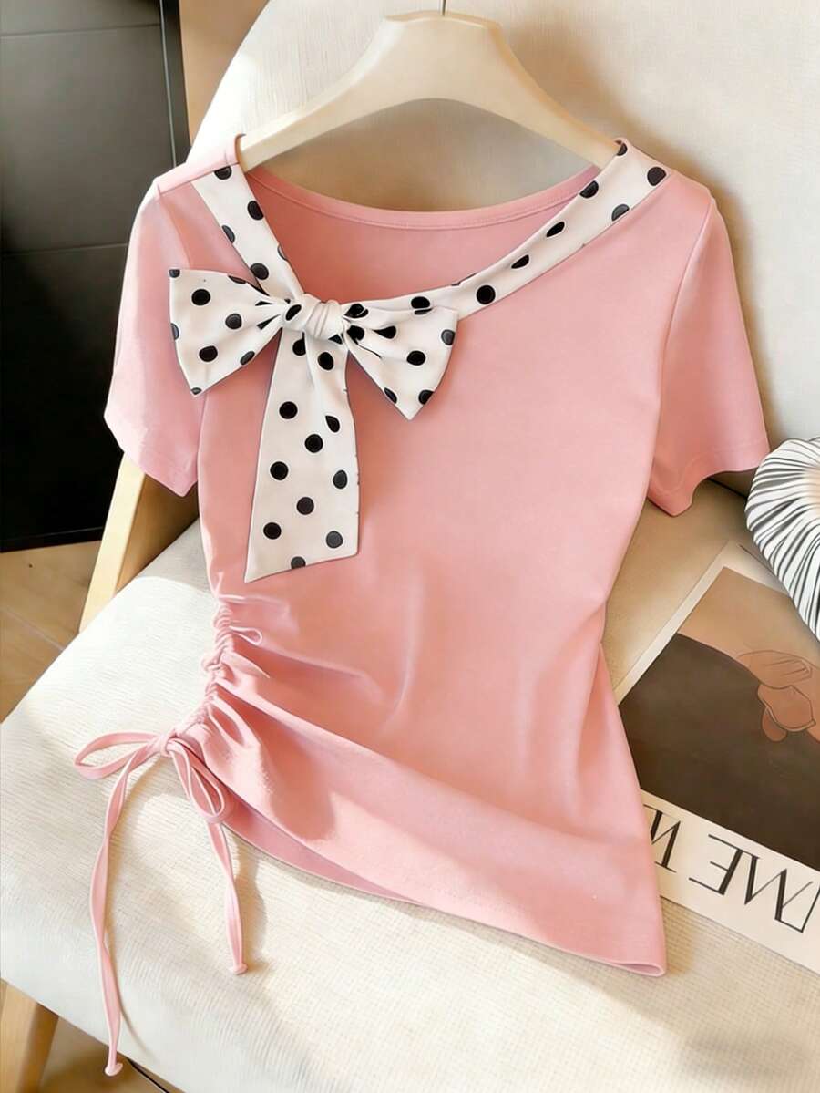 GlowEve Women's Fashion Polka Dot Bow Tie Waist Ruched Casual T-Shirt Top, Versatile For Spring And Summer - Pink - View 1