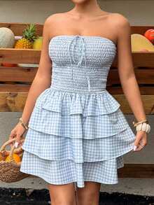 Sunnyshic 2026 Spring/Summer New Arrival Sweet Bow Tie Sexy Cold-Shoulder Tube Dress - Multicolor - View 6