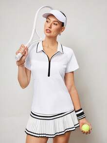 Activina 女士休闲运动拉链短袖Polo衫 - 白色 - 查看 4
