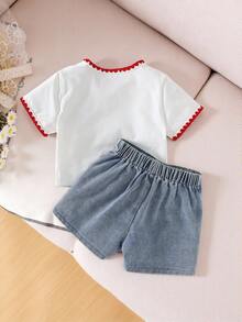 SHEIN Elladie kids 女童两件套儿童春夏圆领针织T恤和牛仔短裙套装，刺绣撞色工艺，休闲可爱樱桃刺绣设计，女童夏季短袖短裤套装 - 白色 - 查看 3