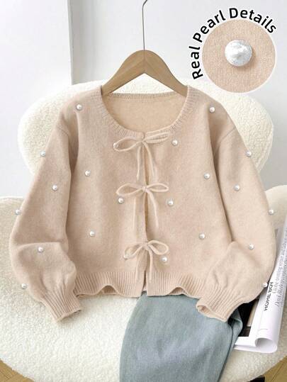 SHEIN Frenchy كارديجان نسائي بتزيين اللؤلؤ الحقيقي بلون المشمش بطراز كاجوال