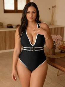 Swim Chiccia 2026 New Summer Beach Vacation Elegant Swim SXY Women Deep V-Neck Tie Faux Pearl Decor Contrast Color Casual Beach Bikini Set, Suitable For Summer Beach Vacation Plus Size One-Piece Swimsuit - Black - View 3