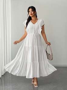 Elenzga 大码女式夏季休闲度假日常纯色V领荷叶边袖口层叠下摆连衣裙 - 白色 - 查看 2