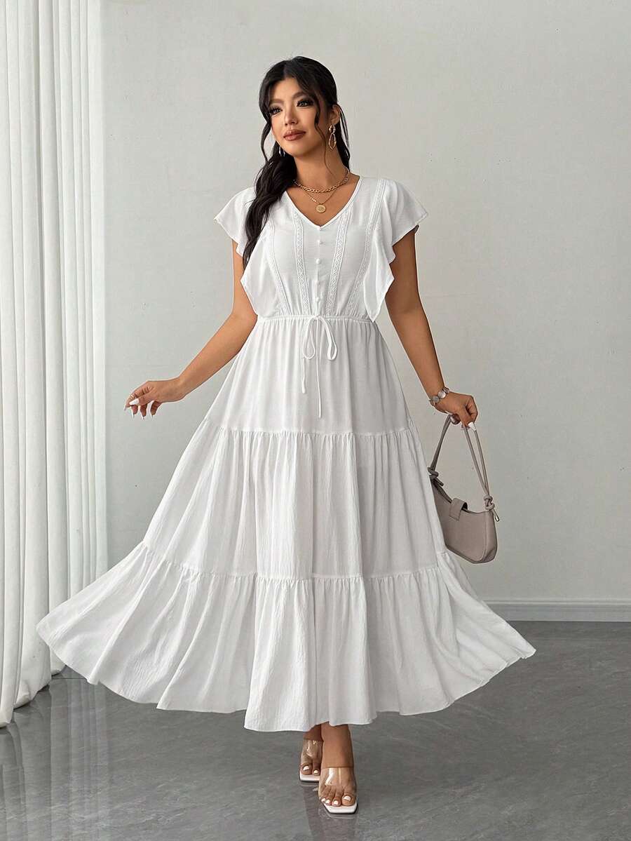 Elenzga 大码女式夏季休闲度假日常纯色V领荷叶边袖口层叠下摆连衣裙