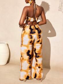 BamGleam Summer New Tie-Dye Print Bandeau Jumpsuit, Twist Hollow High Waist Wide Leg Pants, Suitable For Vacation, Beach Photography, Sexy Vibe - Multicolor - View 2