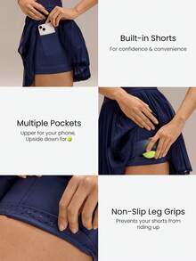 GLOWMODE FeatherFit™-Air Big Serves Lightweight Quick-Dry Double-Layered Built-In Shorts Pleated Mesh Mini Tennis Skirt Tennis Golf Pickleball - Dark Blue - View 3