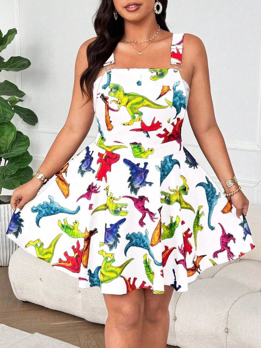 Flirla Plus Size Women Christmas Cute Home Christmas Tree Pinafore A-Line Dress - White - View 1