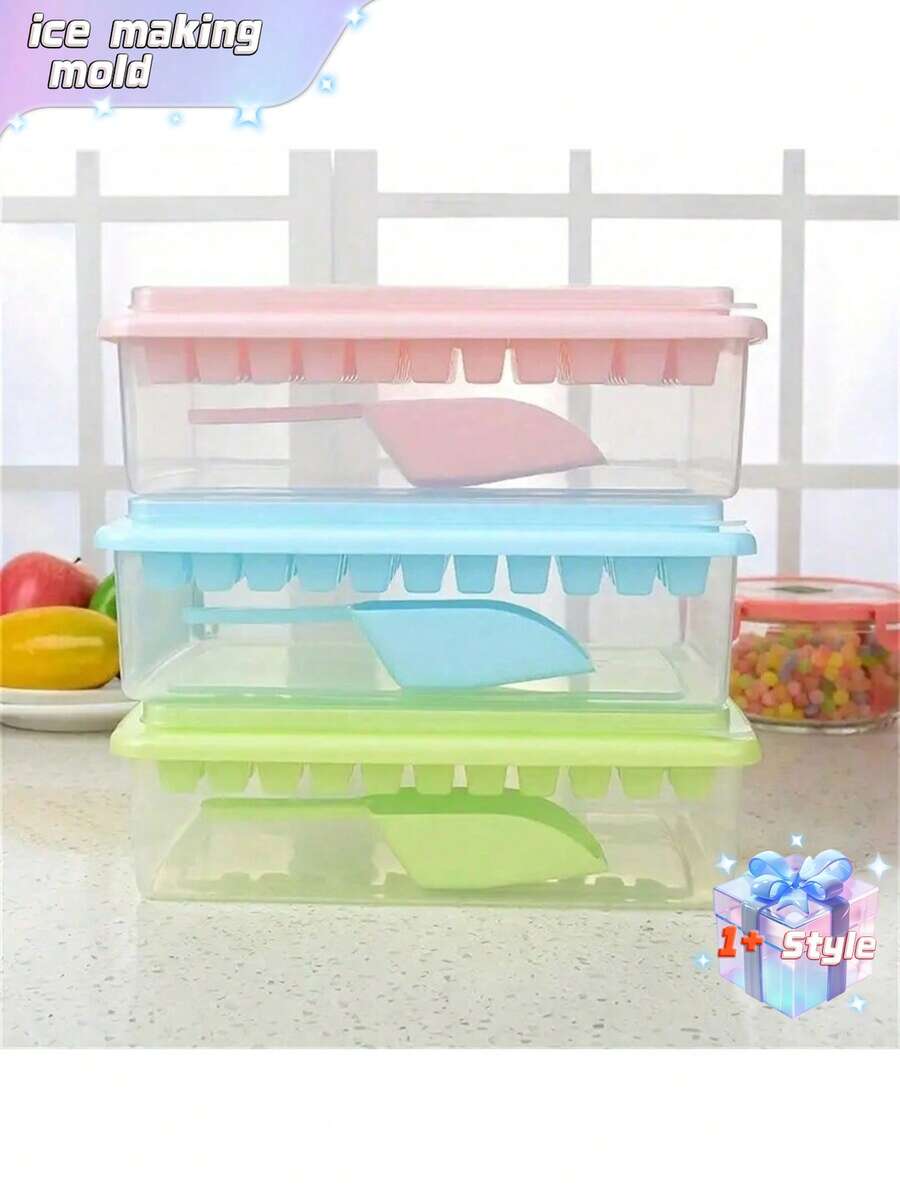 Khay làm đá viên bằng nhựa 33 ngăn có nắp đậy, máy làm đá tự chế, tủ đông nhỏ gọn dùng trong gia đình, khuôn làm đá khối. - Màu xanh bạc hà - Xem 1