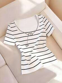 Resyla Nuevo estilo de gran , camiseta de cuello cuadrado de estilo suave con rayas de contraste, ajuste slim de cuello cuadrado, versátil para el uso diario, tanto dentro como fuera, estilo de primavera y verano - Multicolor - Ver 1