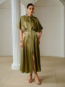ZEYLAH 立领开襟褶裥腰身中长缎面连衣裙，优雅复古风格 - 綠色 - 查看 6