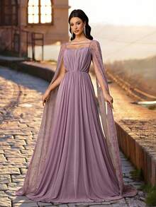 Aureia Elegante y lujoso vestido largo de sirena con hombros descubiertos, bordado con cuentas, con un cuello amplio y fluido, adecuado para festivales, bodas, galas, conciertos, eventos de negocios y ocasiones de influencers en redes sociales - Púrpura malva - Ver 4