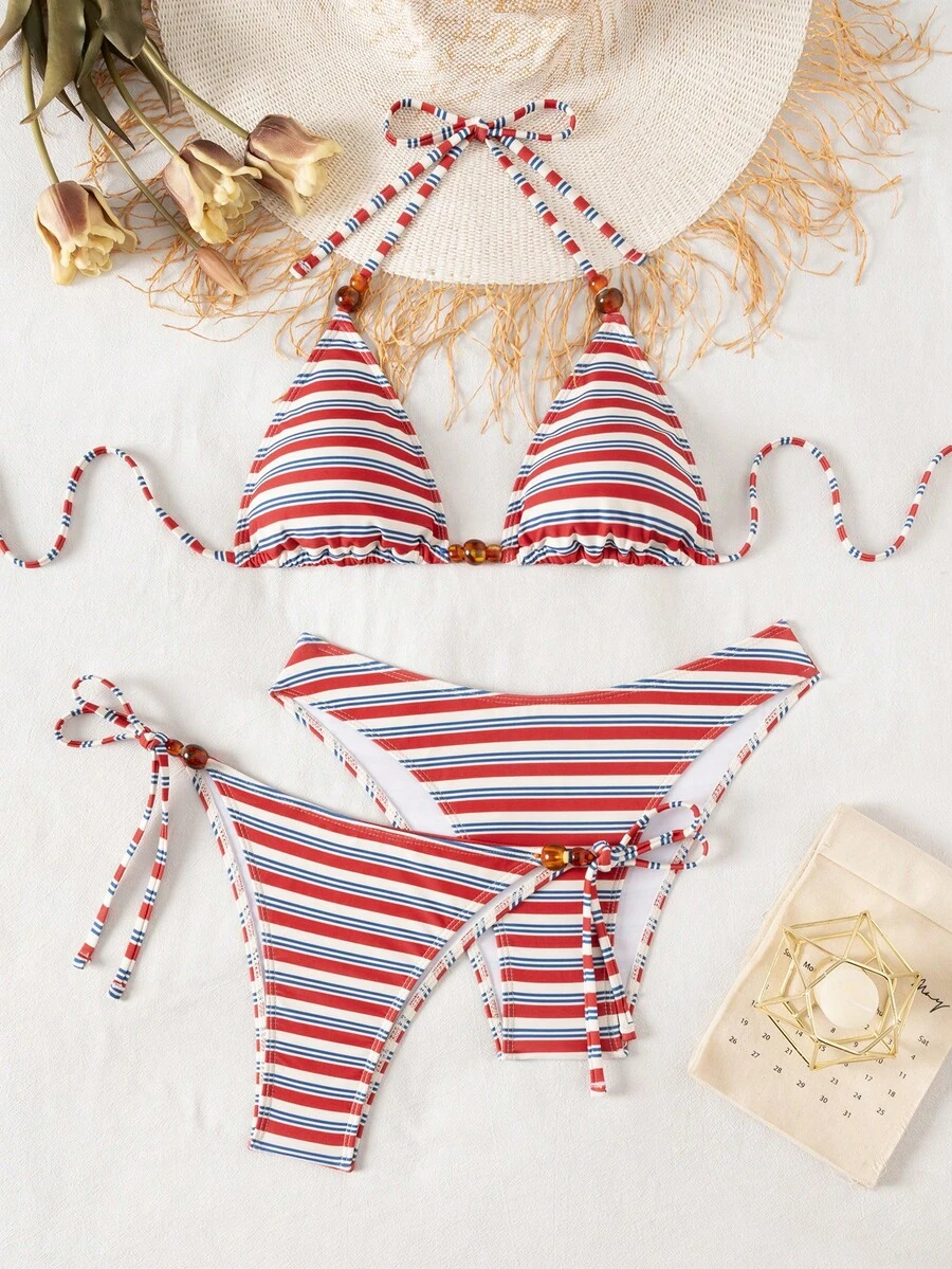 Swim Vcay 夏季沙滩三件套比基尼，针织面料挂脖吊带比基尼套装，性感优雅条纹印花泳装，适合沙滩、泳池、派对、度假穿着 - 彩色 - 查看 1